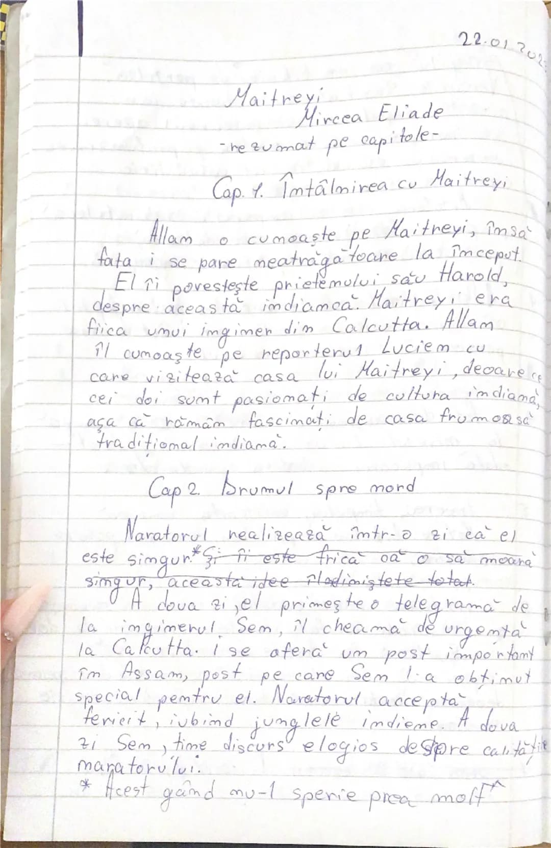 --- OCR Start ---
Allam
se
Maitreyi
Mircea Eliade
- rezumat pe capitole-
22.01.202.
Cap. 1. Întâlnirea cu Maitreyi
O
pare
fata i
El Ti
despr
