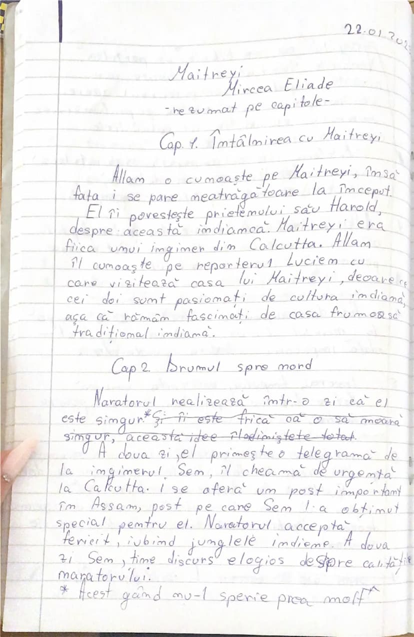 --- OCR Start ---
Allam
se
Maitreyi
Mircea Eliade
- rezumat pe capitole-
22.01.202.
Cap. 1. Întâlnirea cu Maitreyi
O
pare
fata i
El Ti
despr