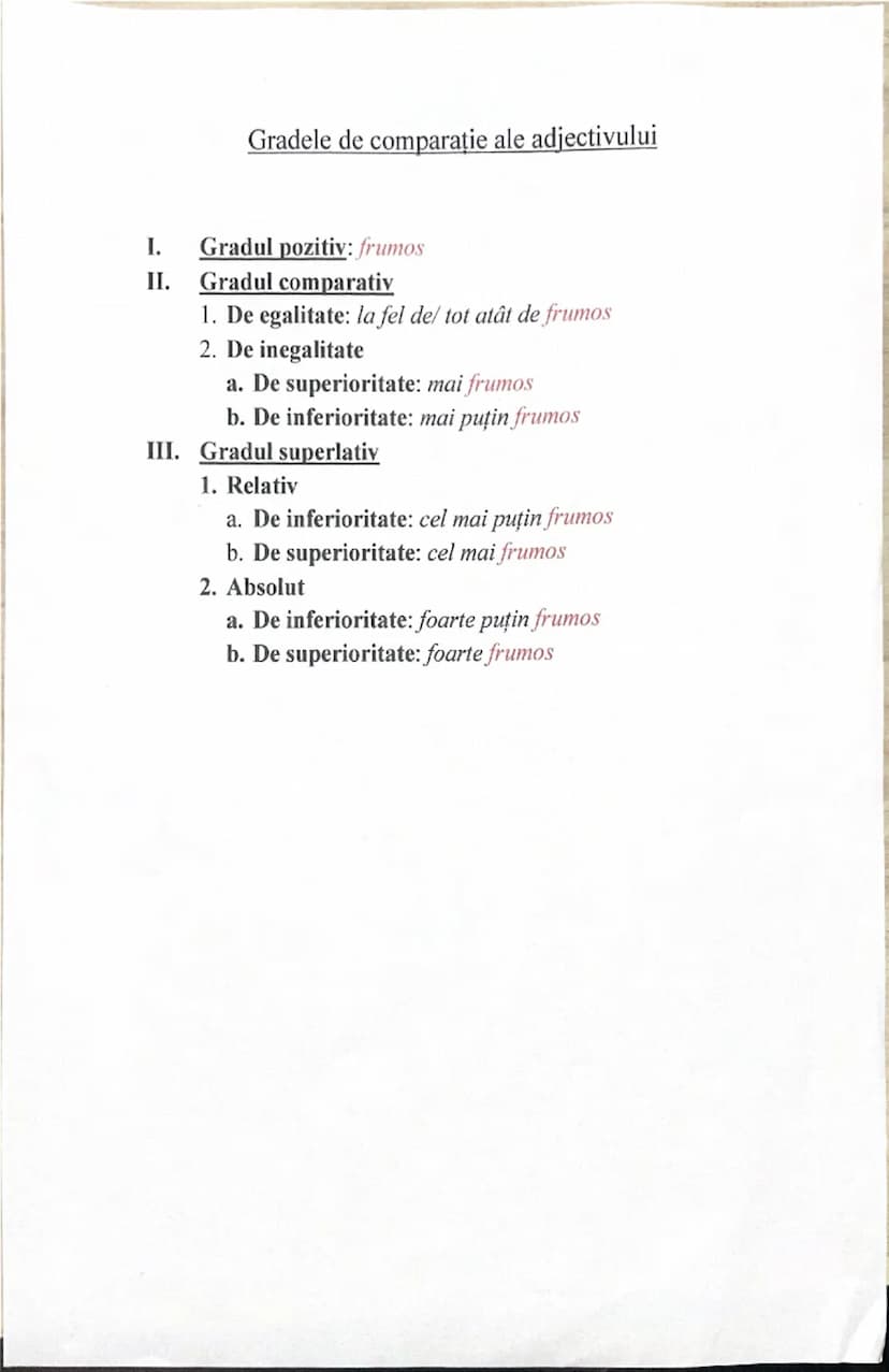 --- OCR Start ---
Gradele de comparație ale adjectivului
1.
Gradul pozitiv: frumos
II. Gradul comparativ
1. De egalitate: la fel de/ tot atâ