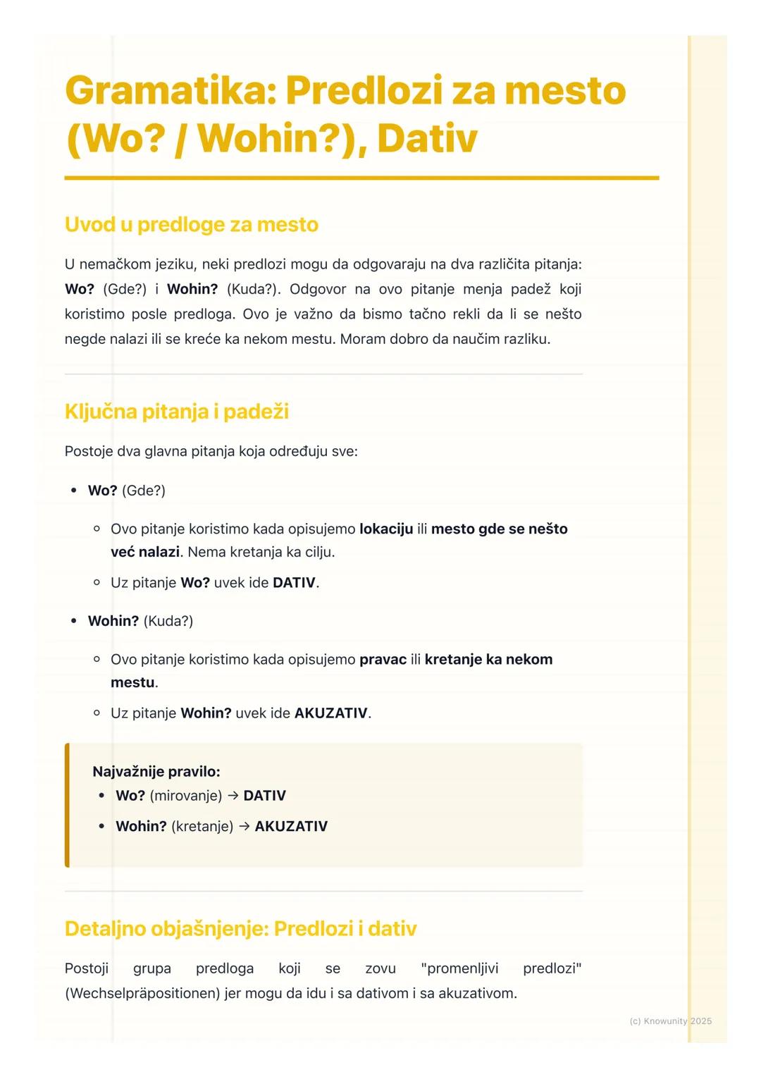 # Gramatika: Predlozi za mesto
(Wo? / Wohin?), Dativ

Uvod u predloge za mesto

U nemačkom jeziku, neki predlozi mogu da odgovaraju na dva r