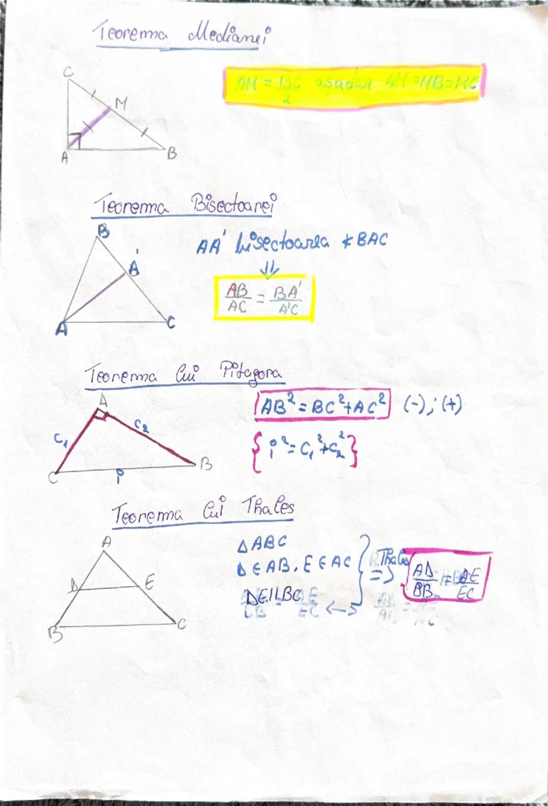 Teorema Mediane!
M
AN = $\frac{BC}{2}$ asadar AM=MB=MC
B
A
13
Teorema Bisectoarei
B
A
C
AA' bisectoarea <BAC
رال
$\frac{AB}{AC}$=$\frac{BA'}