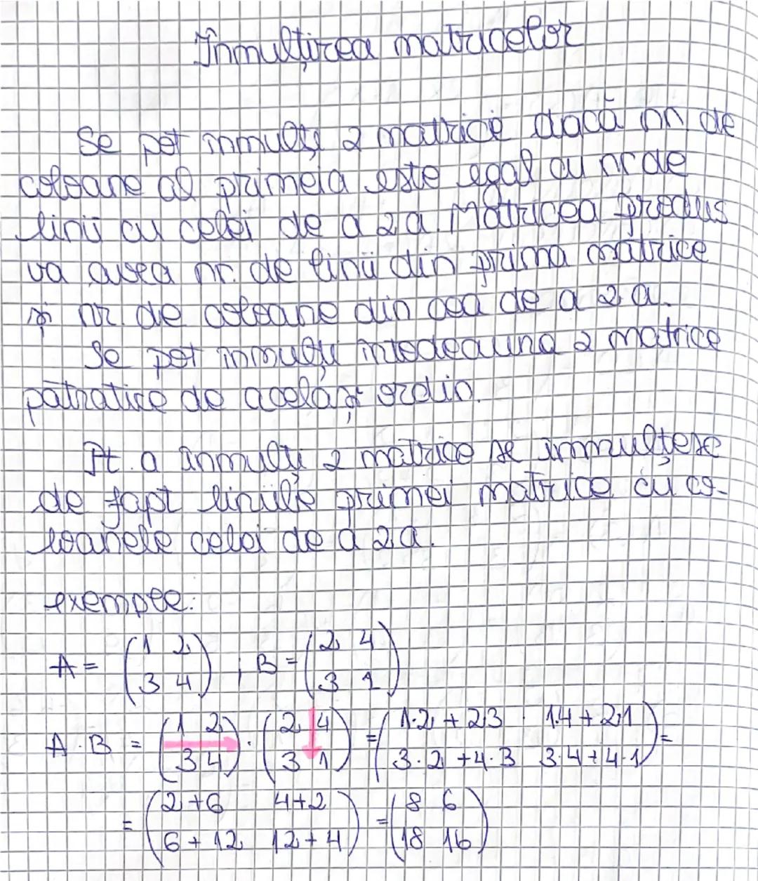 # Inmultirea matricelor
Se pot inmulti 2 matrice daca nr de
coloane al primeia este egal cu nr de
linii cu cel de a 2a. Matricea produs
va a