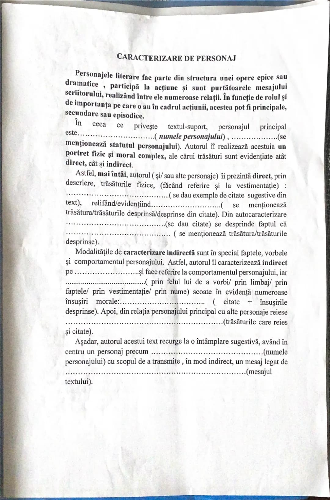 --- OCR Start ---
CARACTERIZARE DE PERSONAJ
Personajele literare fac parte din structura unei opere epice sau
dramatice, participă la acţiun