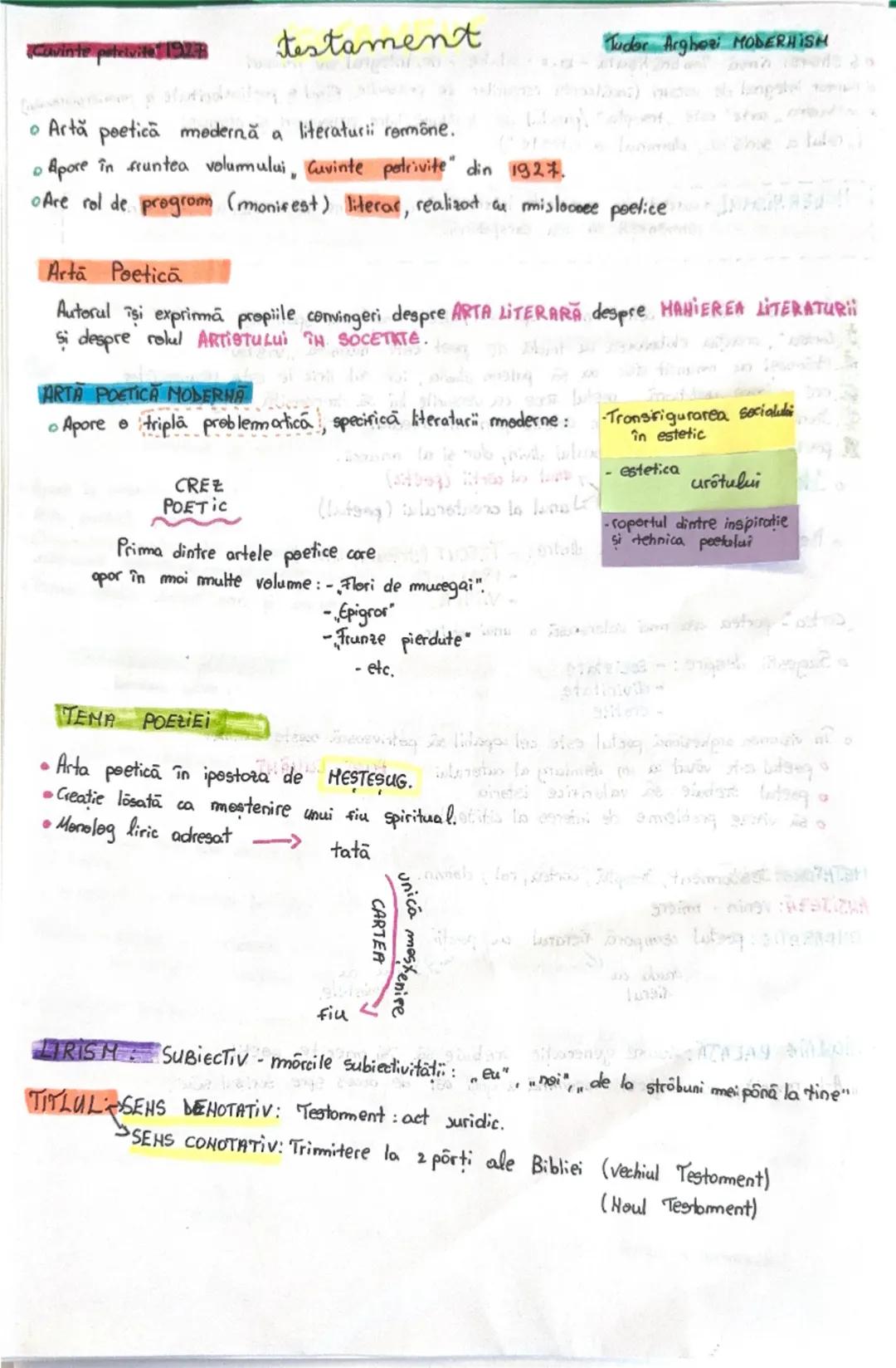 # testament
Cuvinte potrivite 1923
Tudor Arghezi MODERHISH

• Artă poetică modernă a literaturii române.

• Apore în fruntea volumului, Cuvi