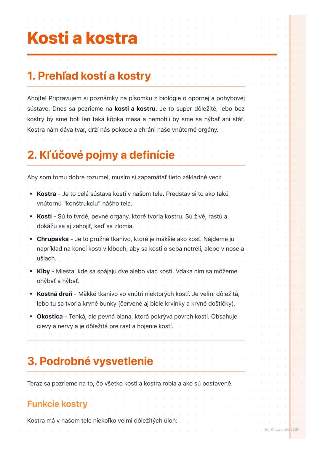 # Kosti a kostra

## 1. Prehľad kostí a kostry

Ahojte! Pripravujem si poznámky na písomku z biológie o opornej a pohybovej
sústave. Dnes sa