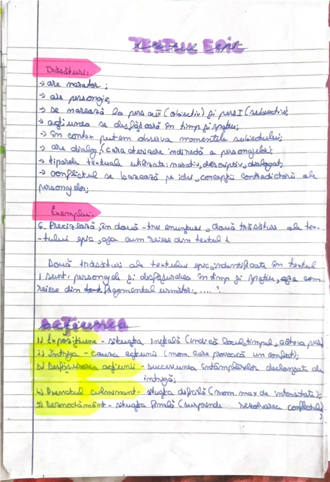 # Textul Epic

**Trăsături:**
- are narator;
- are personaje;
- de marcare a pers. auzi (obiectiv) şi pers.I (subiectiv);
- acţiunea se desf