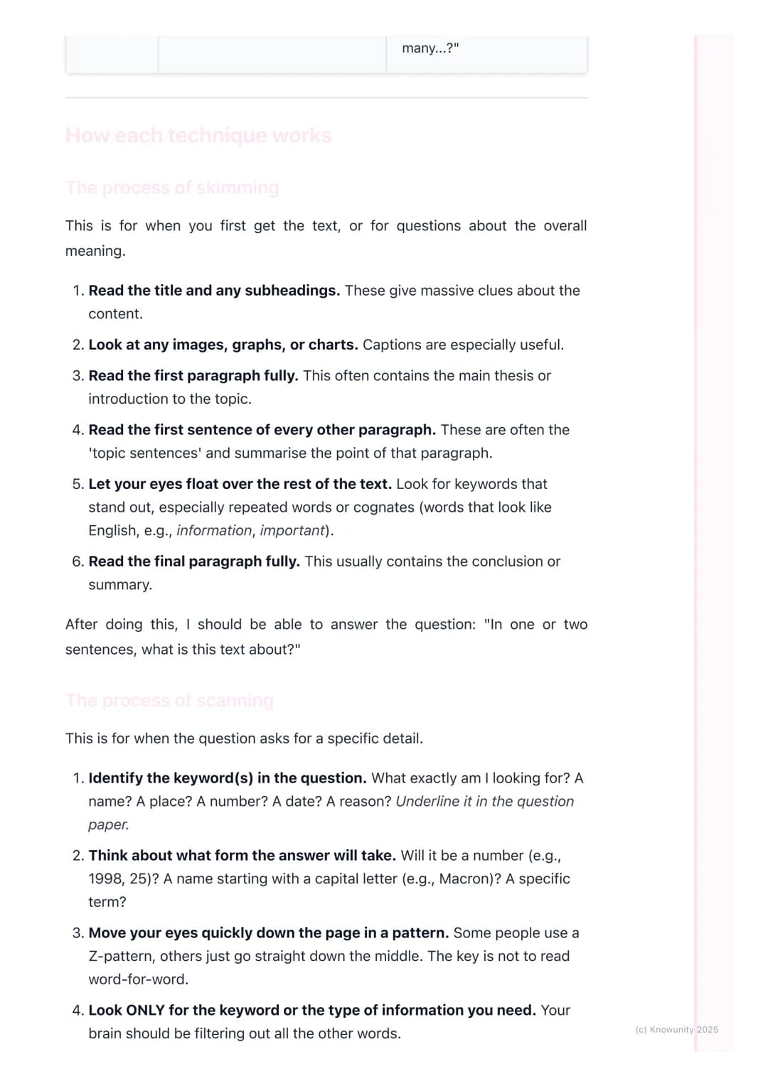 # Skimming and Scanning

Reading strategies: skimming and scanning

These are essential for the French reading comprehensions (Compréhension