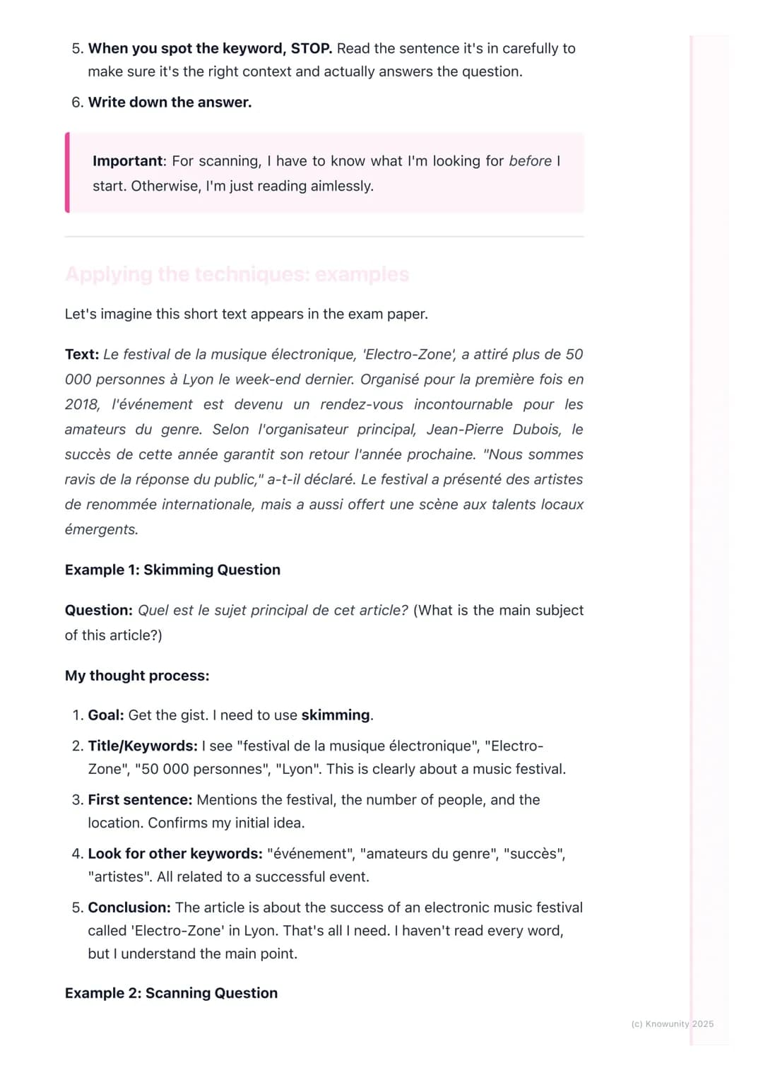 # Skimming and Scanning

Reading strategies: skimming and scanning

These are essential for the French reading comprehensions (Compréhension