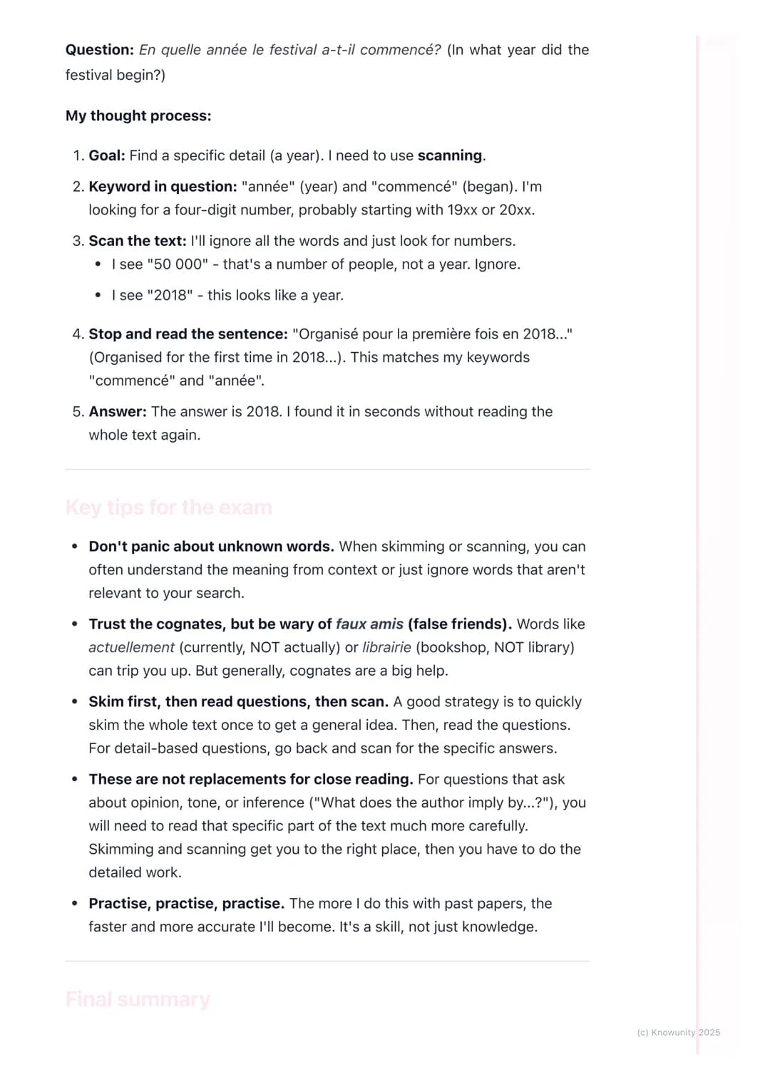 # Skimming and Scanning

Reading strategies: skimming and scanning

These are essential for the French reading comprehensions (Compréhension