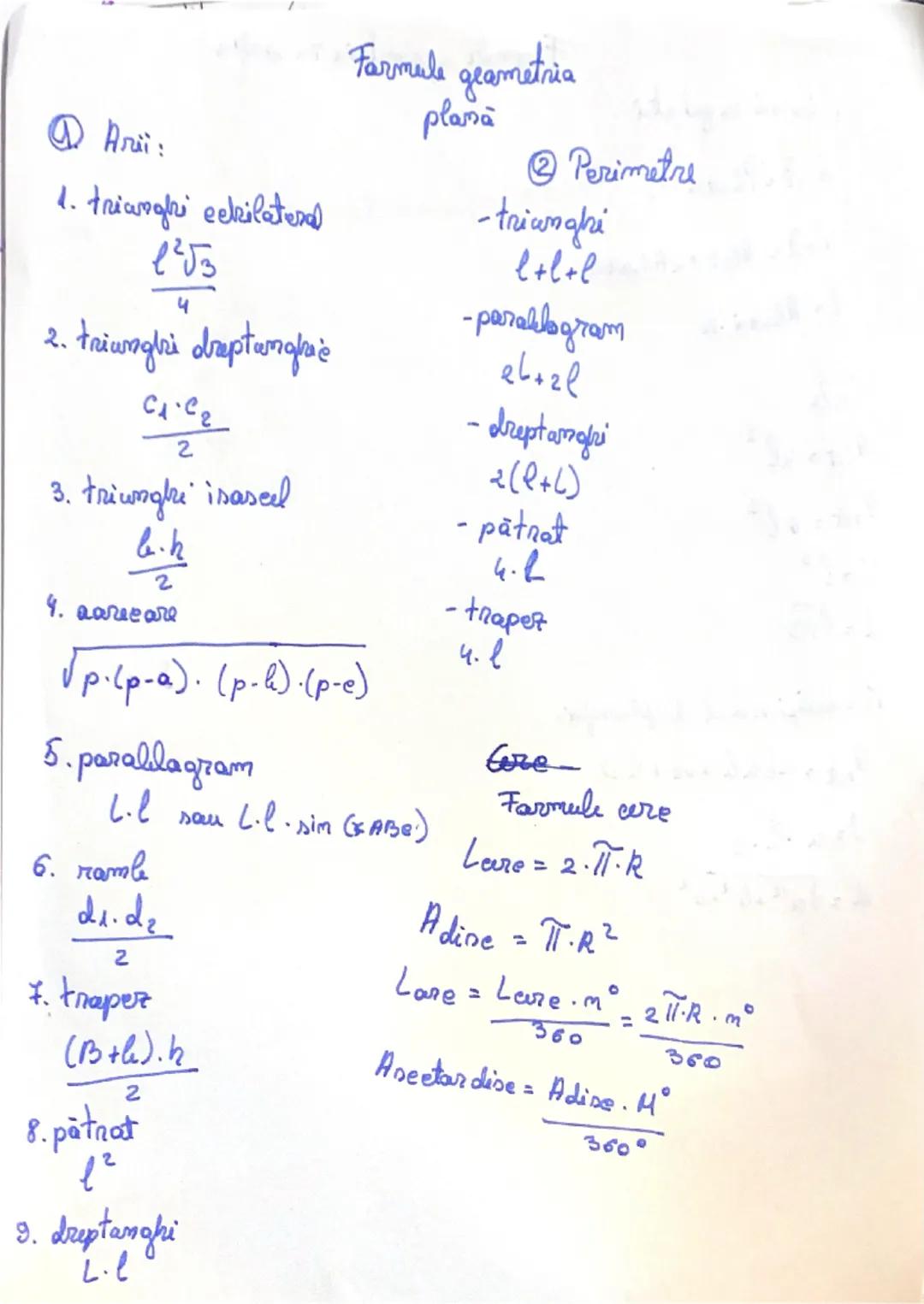 ## Arii:
1. triunghi echilateral
$\frac{l^2\sqrt{3}}{4}$
2. triunghi dreptunghic
$\frac{c_1c_2}{2}$
3. triunghi isoscel
$\frac{b.h}{2}$
4. o