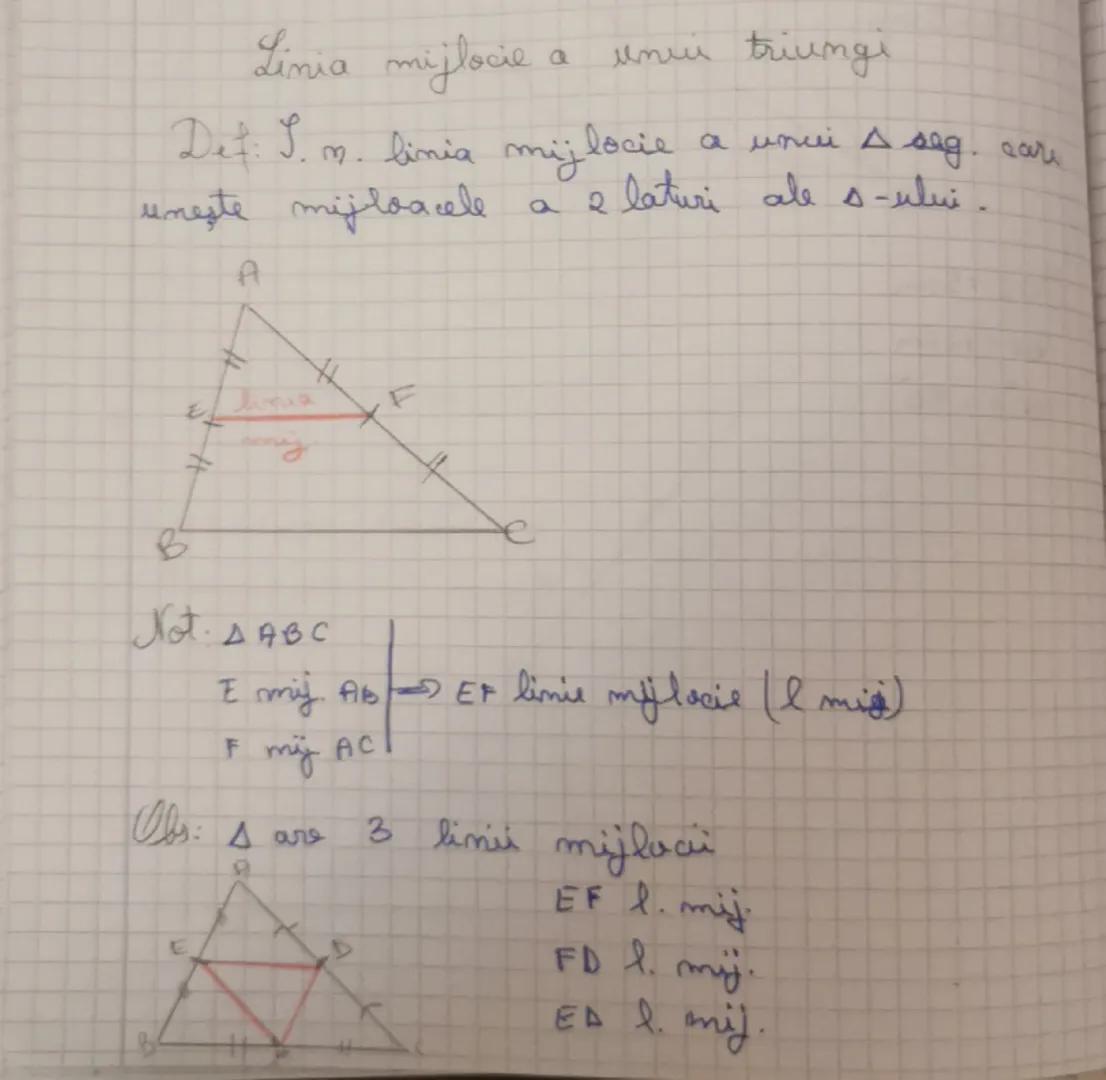 Linia mijlocie a unui triungi

Def: I. n. linia mijlocie a unui A seg. care
uneste mijloacele a 2 laturi ale s-ului.

A

E F

e

Not: AABC

