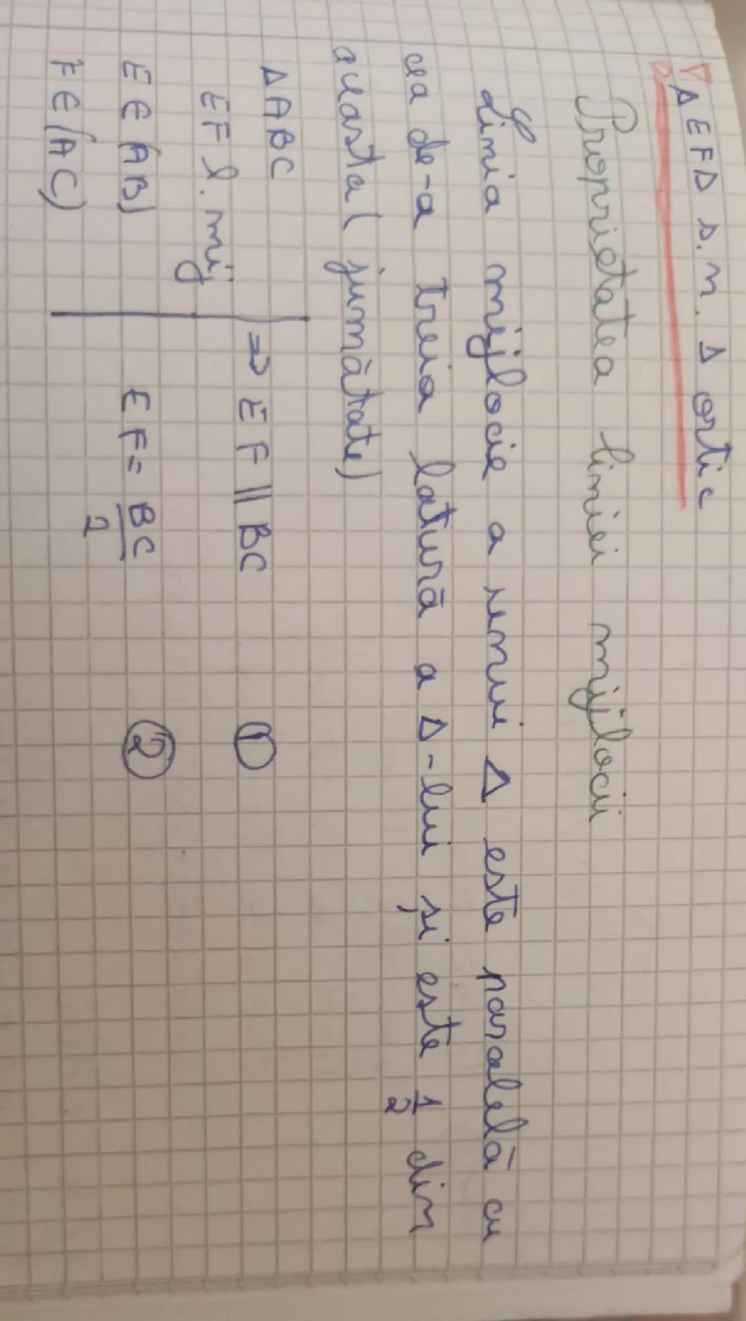 Linia mijlocie a unui triungi

Def: I. n. linia mijlocie a unui A seg. care
uneste mijloacele a 2 laturi ale s-ului.

A

E F

e

Not: AABC

