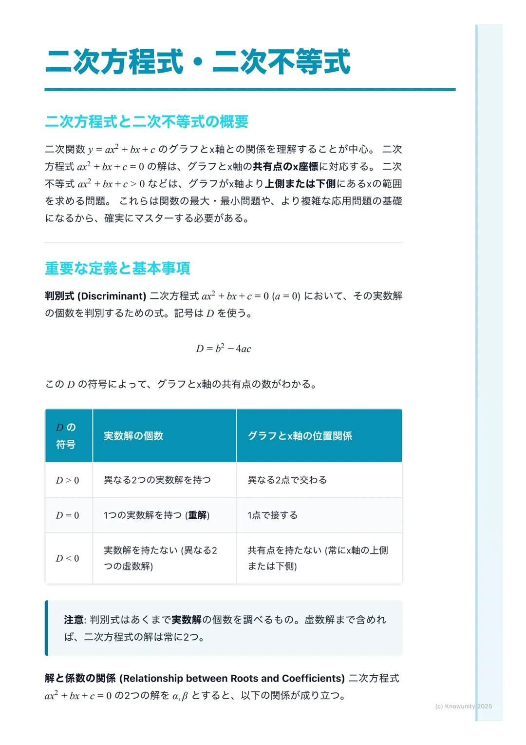 # 二次方程式・二次不等式

二次方程式と二次不等式の概要

二次関数y=ax²+bx+cのグラフと×軸との関係を理解することが中心。二次
方程式 ax²+bx+c=0の解は、グラフと×軸の共有点のx座標に対応する。二次
不等式ax²+bx+c>0などは、グラフがx軸より上側また