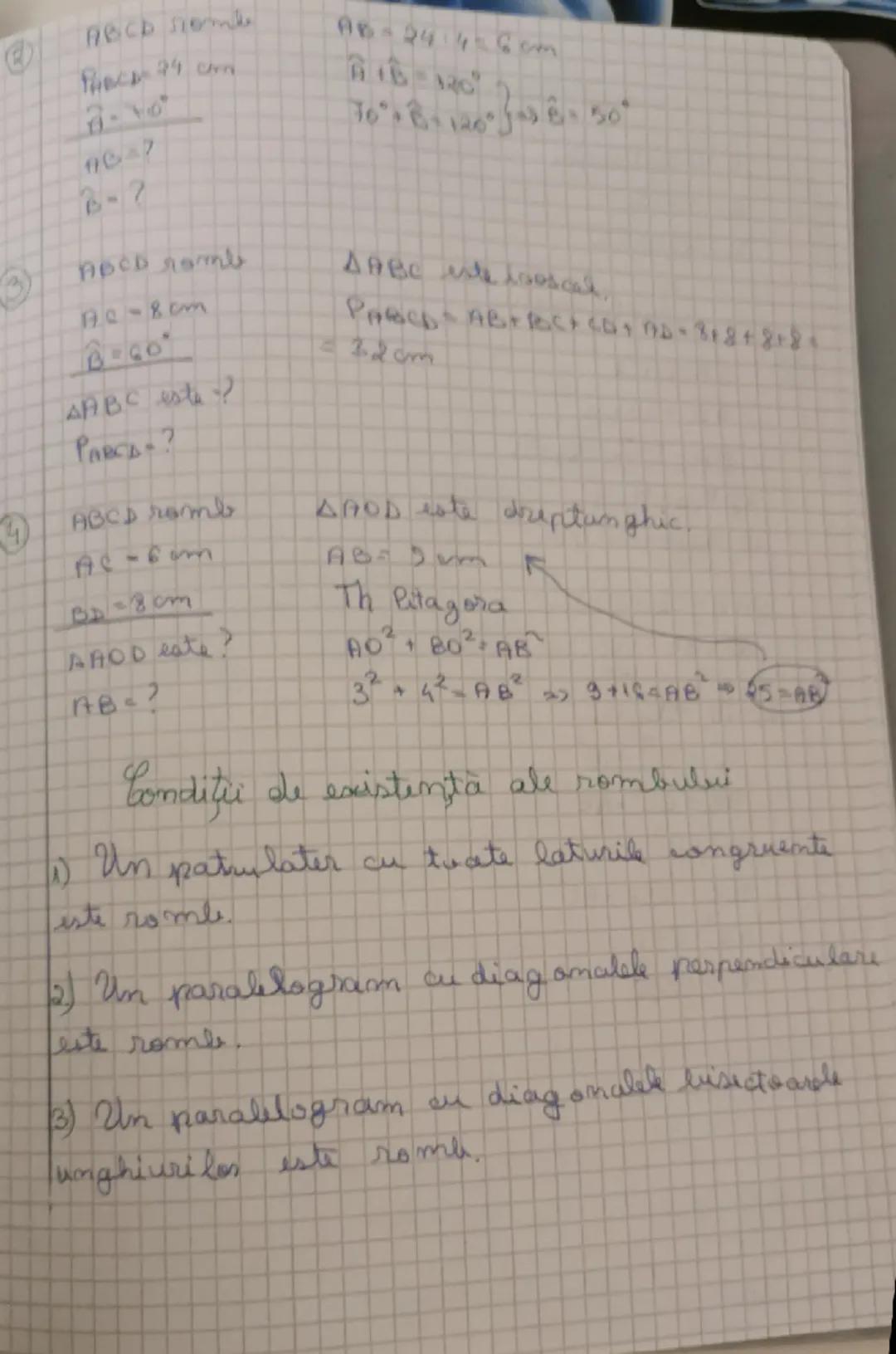 # Rombul

Def: Paralelogramul cu 2 laturi consecutive congruente s.n. romb.

Proprietăți:
- are toate laturile congruente
- laturile opuse p
