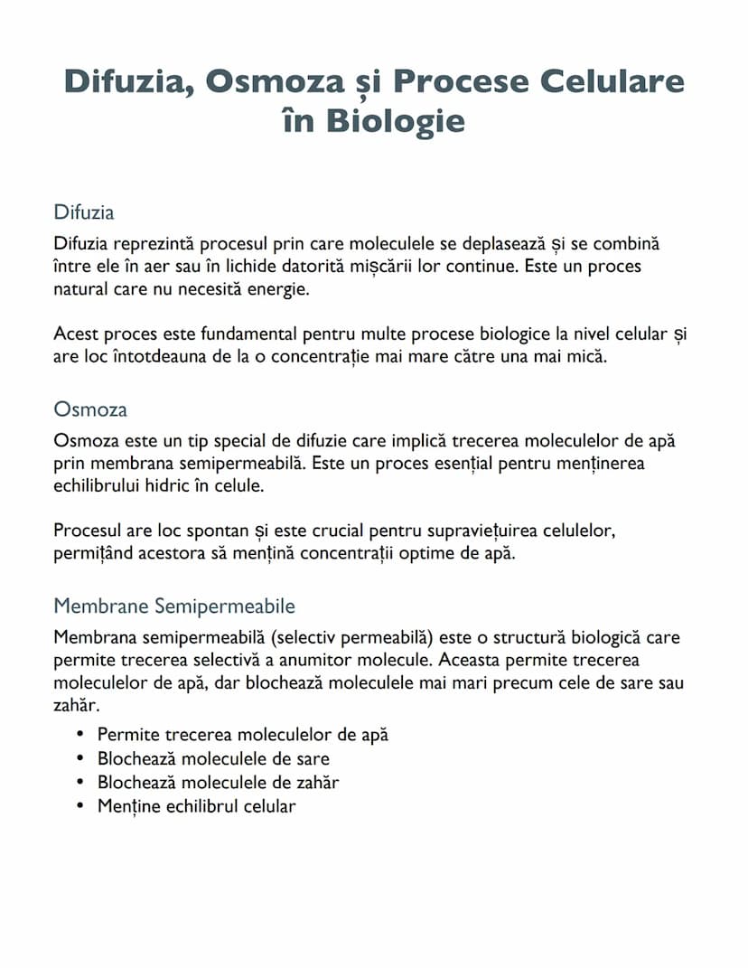 # Difuzia, Osmoza și Procese Celulare
în Biologie

## Difuzia

Difuzia reprezintă procesul prin care moleculele se deplasează și se combină
