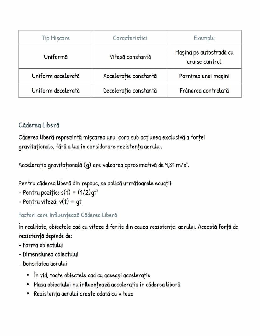 # Tip Mișcare

| Tip Mișcare | Caracteristici | Exemplu |
|---|---|---|
| Uniformă | Viteză constantă | Mașină pe autostradă cu cruise contr