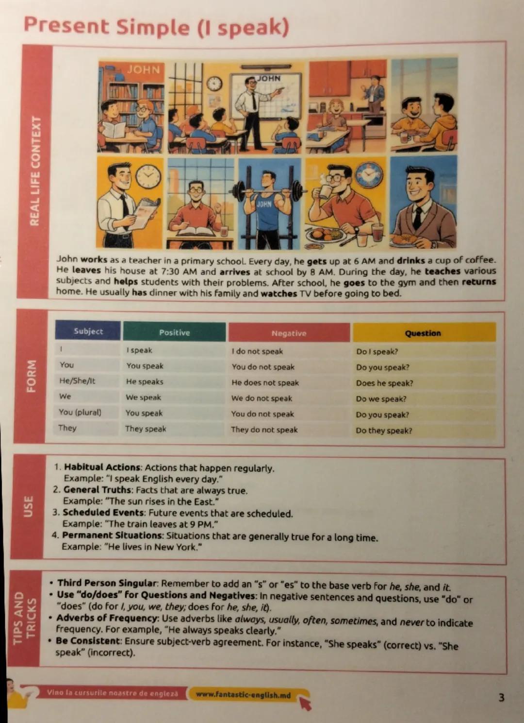 # Present Simple (I speak)

## REAL LIFE CONTEXT

[Image of John in various daily activities]

John works as a teacher in a primary school. 