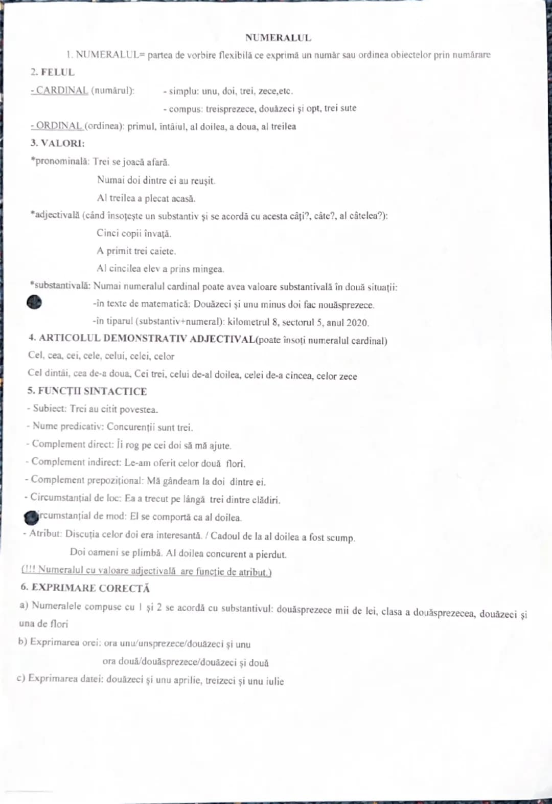 --- OCR Start ---
NUMERALUL
1. NUMERALUL partea de vorbire flexibilă ce exprimă un număr sau ordinea obiectelor prin numărare
2. FELUL
-CARD