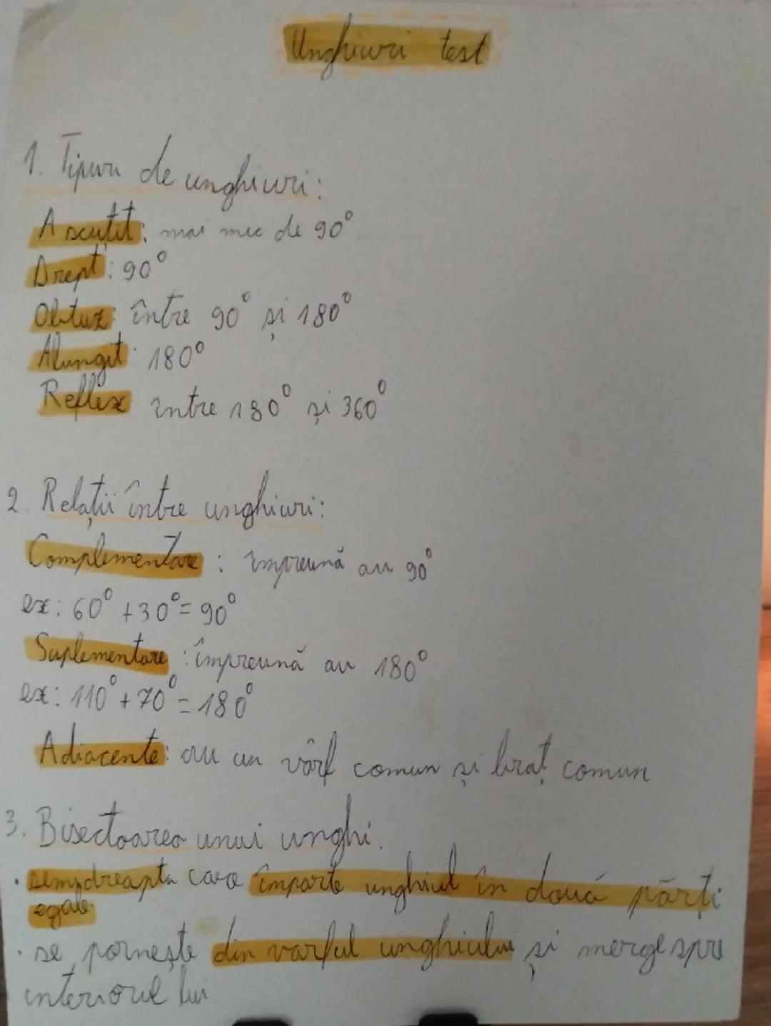 # Unghiuri test

1. Tipuri de unghiuri :
A scutit mas mic de 90°
Drept: 90°
Obtur, între 90 si 180°
Alungit 180°
Reflex intre 180° zi 360°

