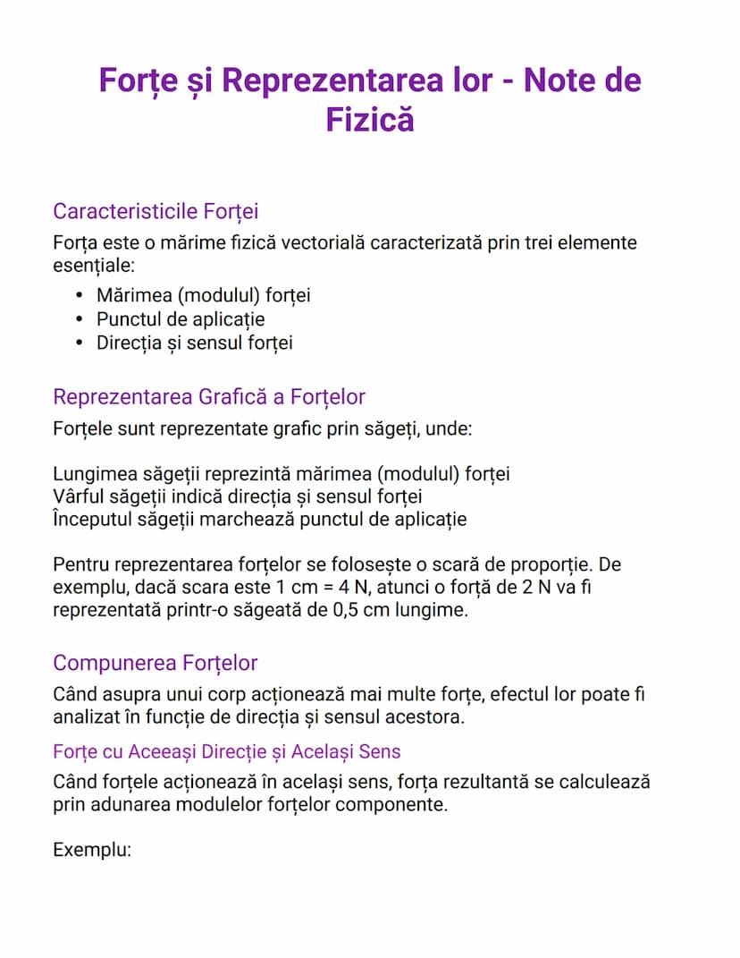 --- OCR Start ---
Forțe și Reprezentarea lor - Note de
Fizică
Caracteristicile Forţei
Forța este o mărime fizică vectorială caracterizată pr