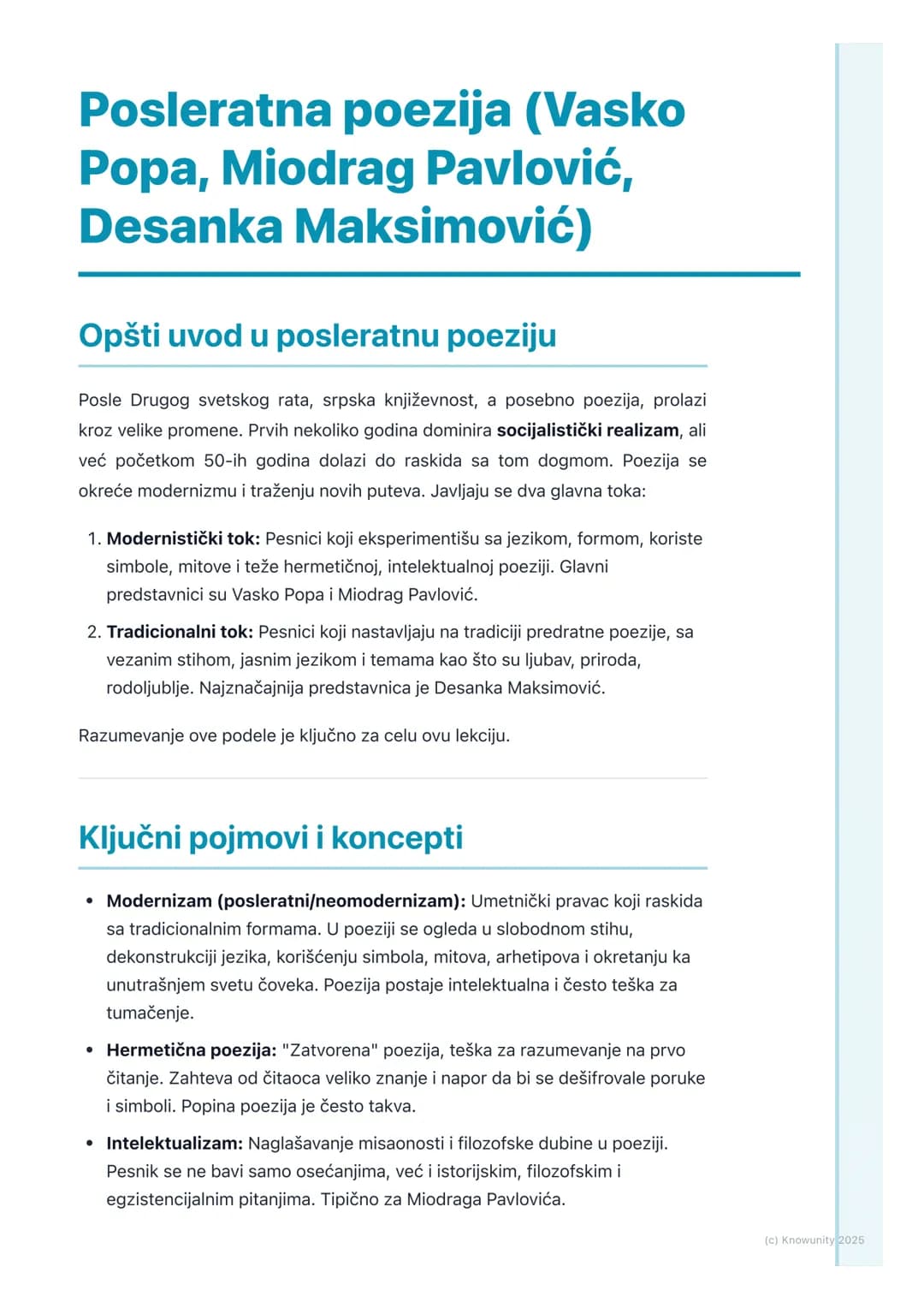# Posleratna poezija (Vasko
Popa, Miodrag Pavlović,
Desanka Maksimović)

Opšti uvod u posleratnu poeziju

Posle Drugog svetskog rata, srpska