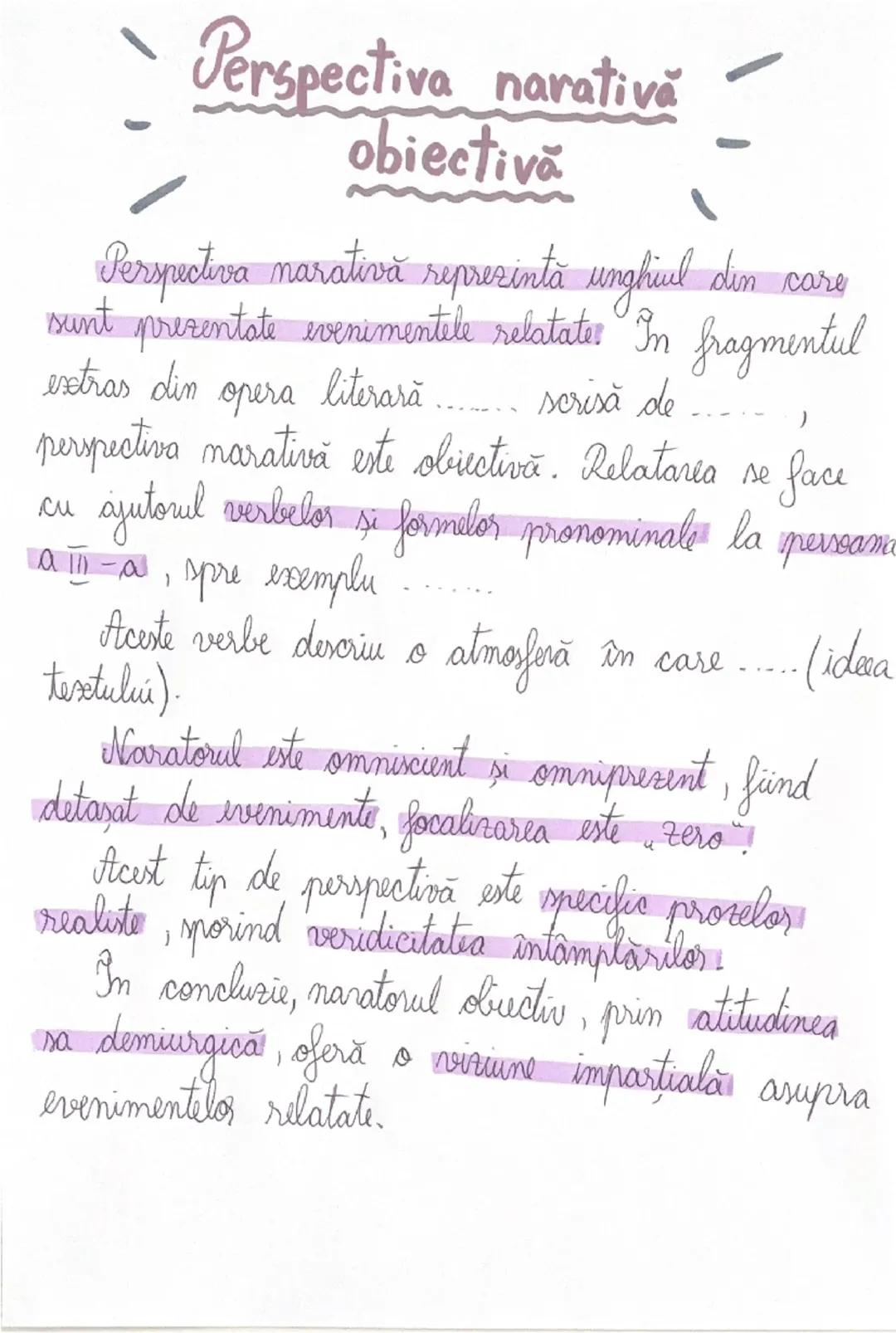 # Perspectiva narativă
## obiectivă

Perspectiva narativă reprezintă unghiul din care
sunt prezentate evenimentele relatate. In fragmentul
e