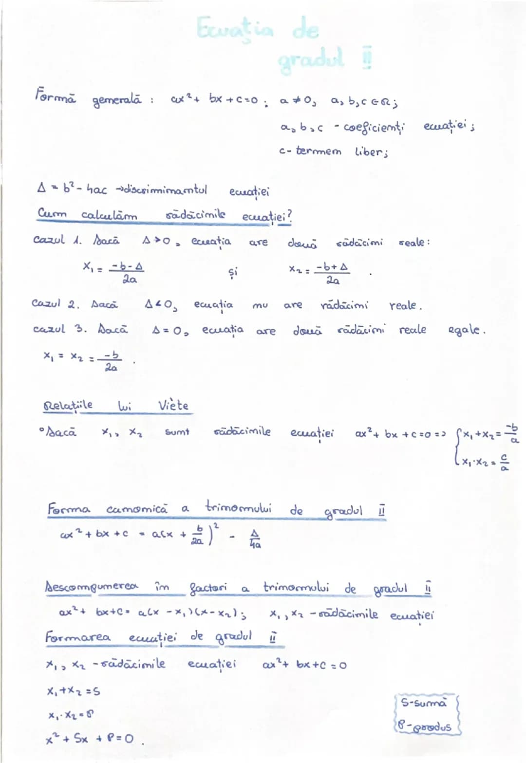 # Ecuatia de gradul II

Formă generală : $ax^2 + bx + c = 0$ ; $a \neq 0$, $a, b, c \in \mathbb{R}$;
$a, b, c$ - coeficienți ecuației;
$c$ -
