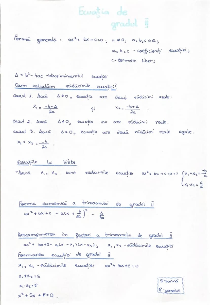 # Ecuatia de gradul II

Formă generală : $ax^2 + bx + c = 0$ ; $a \neq 0$, $a, b, c \in \mathbb{R}$;
$a, b, c$ - coeficienți ecuației;
$c$ -