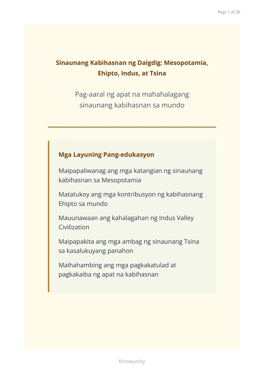 # Sinauang Kabihasnan ng Daigdig: Mesopotamia, Ehipto, Indus, at Tsina

Pag-aaral ng apat na mahahalagang sinaunang kabihasnan sa mundo

## 