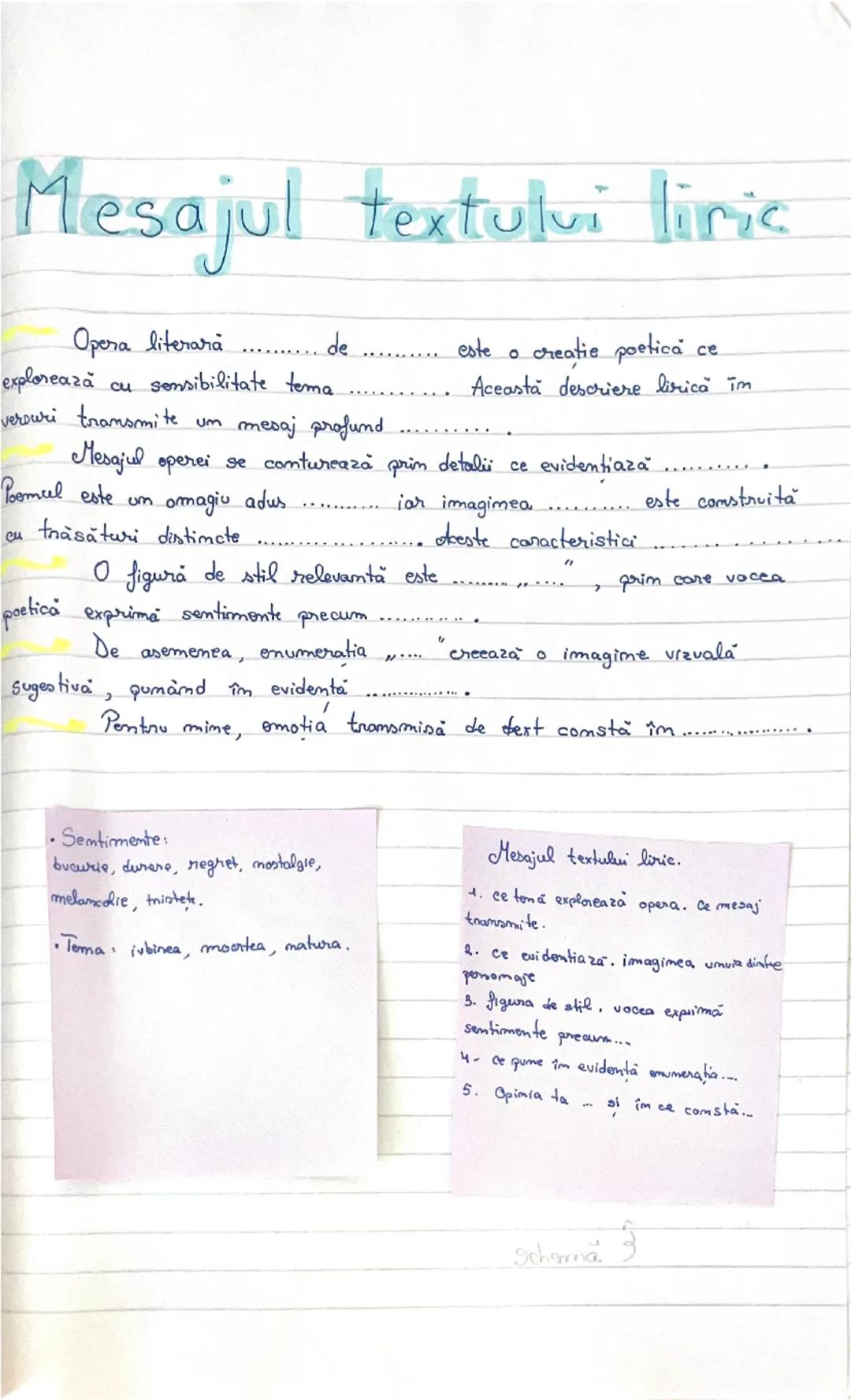 --- OCR Start ---
Mesajul textului liric
Opera literară
... de ... este o creatie poetica ce
explorează cu sensibilitate tema ... Această de