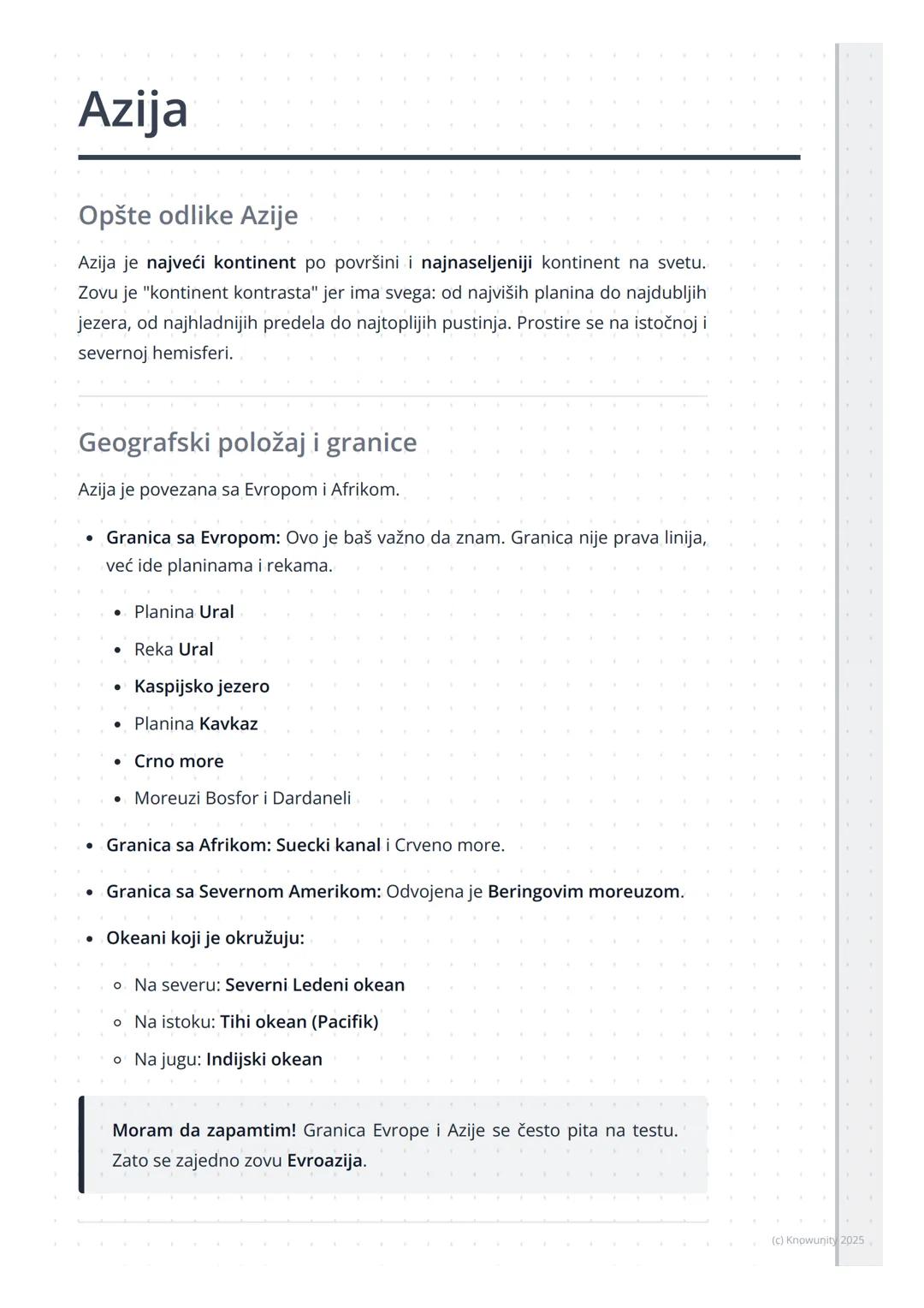 # Azija

Opšte odlike Azije

Azija je najveći kontinent po površini i najnaseljeniji kontinent na svetu.
Zovu je "kontinent kontrasta" jer i