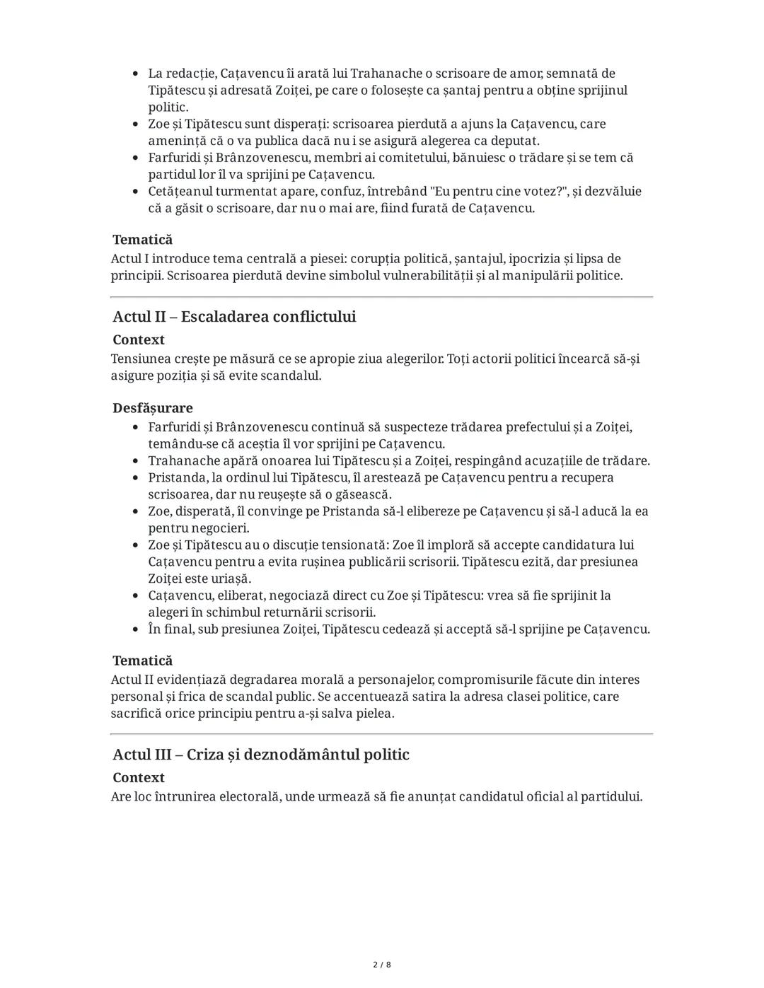 Introducere
O scrisoare pierdută - Rezumat Extins
"O scrisoare pierdută" este una dintre cele mai importante comedii ale dramaturgiei
române