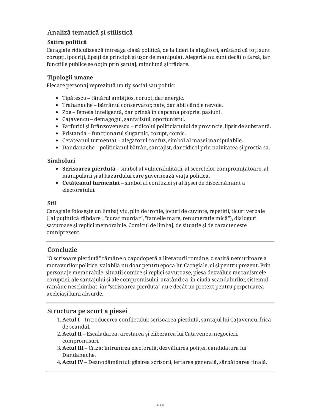 Introducere
O scrisoare pierdută - Rezumat Extins
"O scrisoare pierdută" este una dintre cele mai importante comedii ale dramaturgiei
române