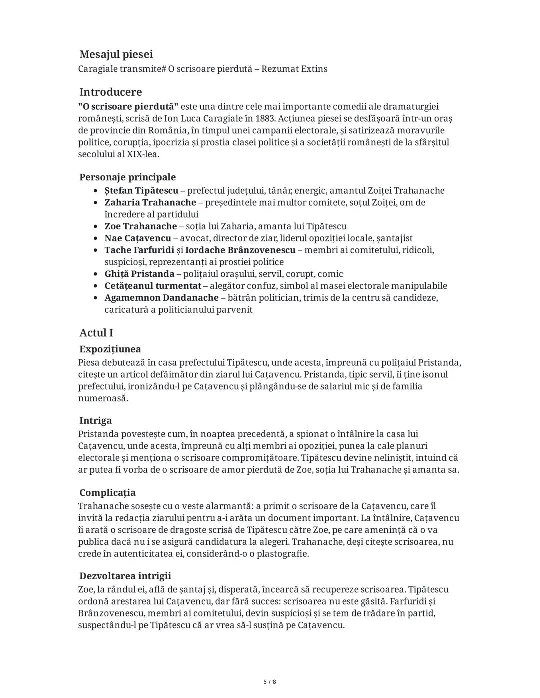Introducere
O scrisoare pierdută - Rezumat Extins
"O scrisoare pierdută" este una dintre cele mai importante comedii ale dramaturgiei
române