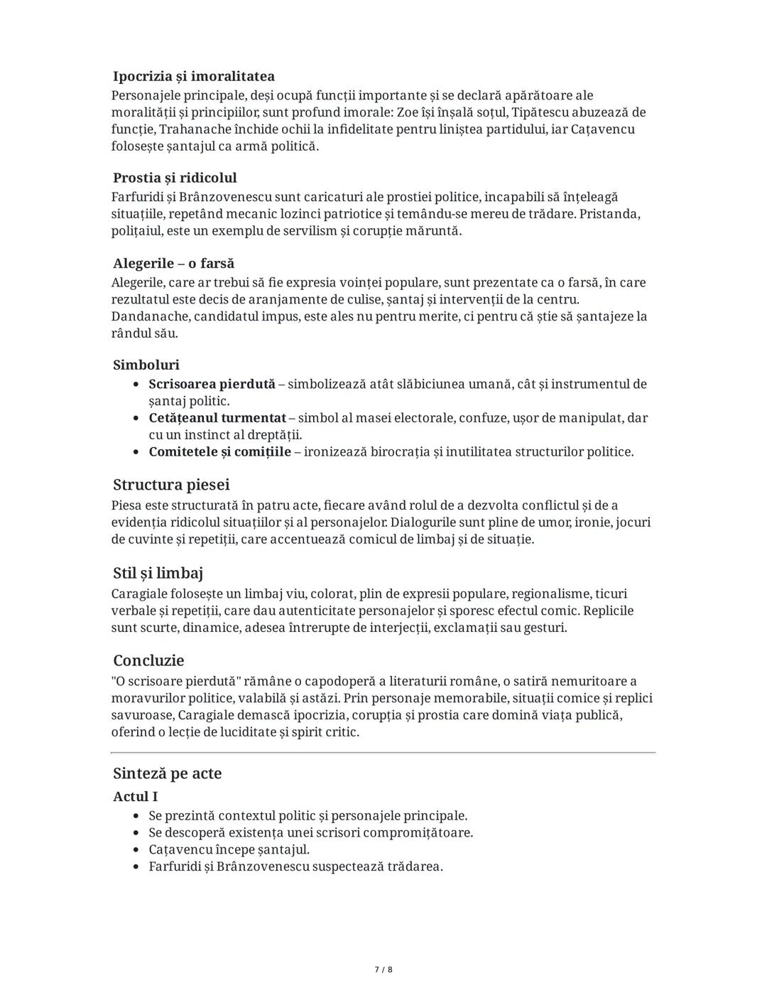 Introducere
O scrisoare pierdută - Rezumat Extins
"O scrisoare pierdută" este una dintre cele mai importante comedii ale dramaturgiei
române