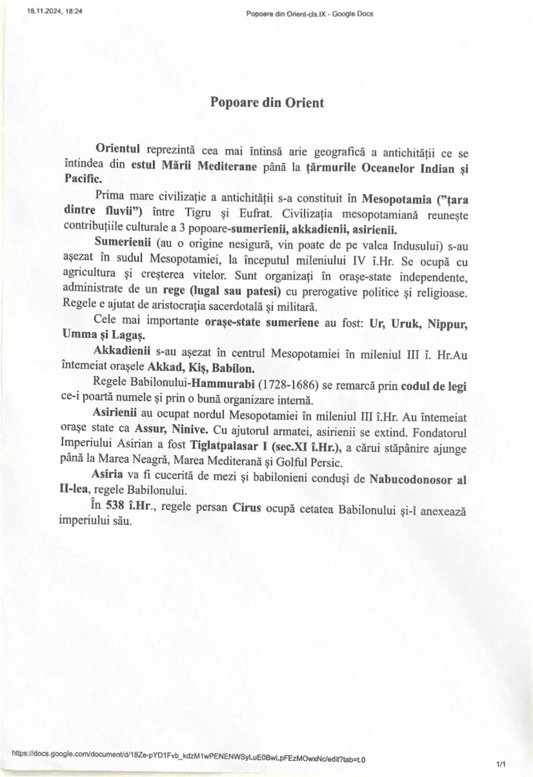# Popoare din Orient

Orientul reprezintă cea mai întinsă arie geografică a antichității ce se
întindea din estul Mării Mediterane până la ț