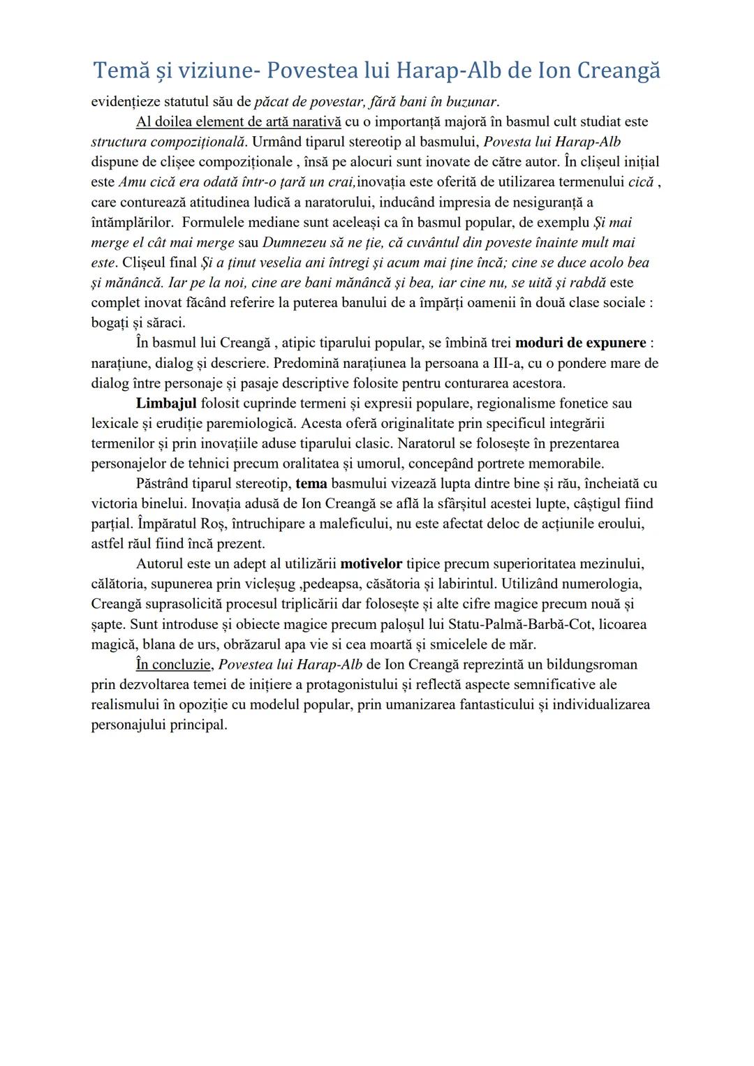 Temă şi viziune- Povestea lui Harap-Alb de Ion Creangă
Ion Creangă (1837-1889) a fost un scriitor, dascăl şi diacon român. Figură principală