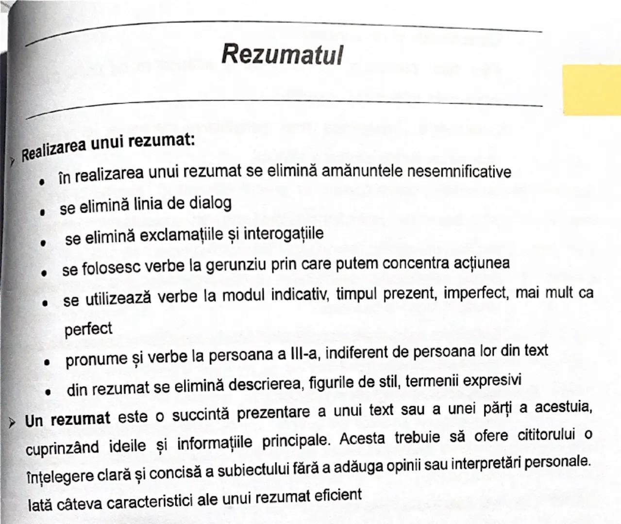 Rezumatul

Realizarea unui rezumat:

*   în realizarea unui rezumat se elimină amănuntele nesemnificative
*   se elimină linia de dialog
*  