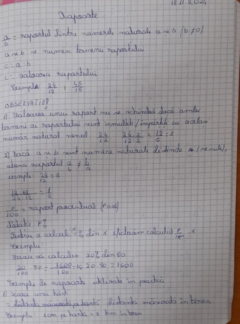 # Rapoarte

18.11.2024

$a$ = raportul dintre numerele naturale $a$ şi $b$ ($b≠0$)
$a$ şi $b$ se numesc termenii raportului
$c = \frac{a}{b}