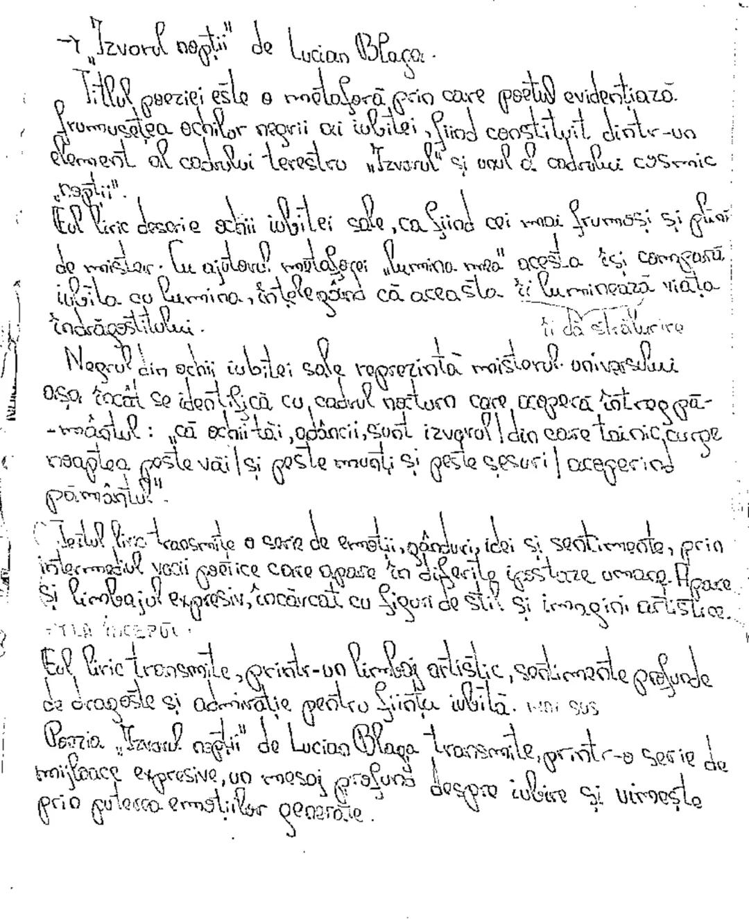 --- OCR Start ---
i
-
Izvord nepti" de Lucian Blaga
Titlul poeziei este a metaforă prin care poetul evidențiază.
frumusețea ochilor negri ai