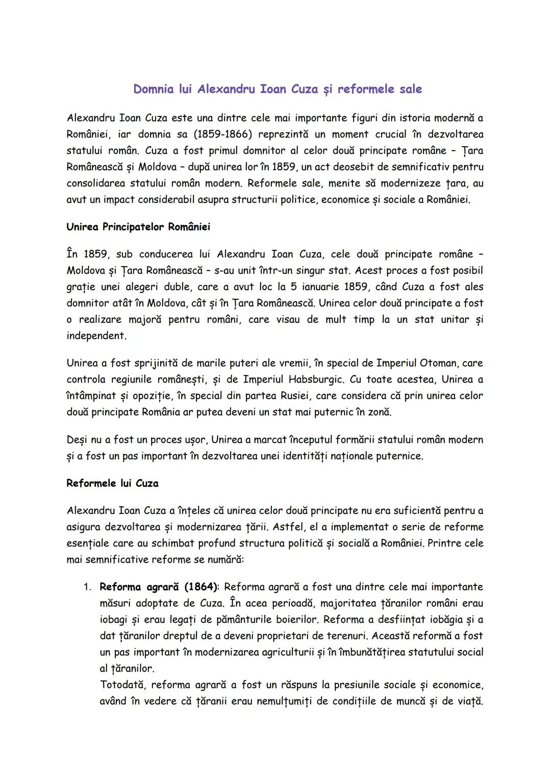 # Domnia lui Alexandru Ioan Cuza și reformele sale

Alexandru Ioan Cuza este una dintre cele mai importante figuri din istoria modernă a
Rom