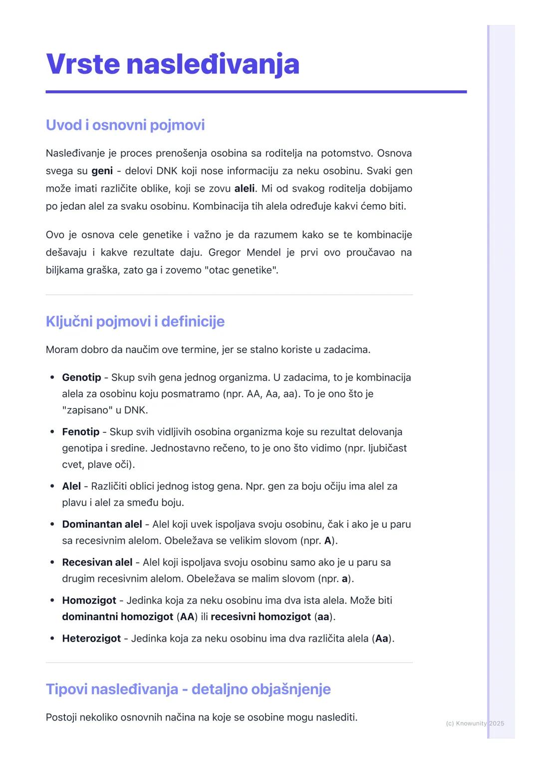 # Vrste nasleđivanja

Uvod i osnovni pojmovi

Nasleđivanje je proces prenošenja osobina sa roditelja na potomstvo. Osnova
svega su geni delo