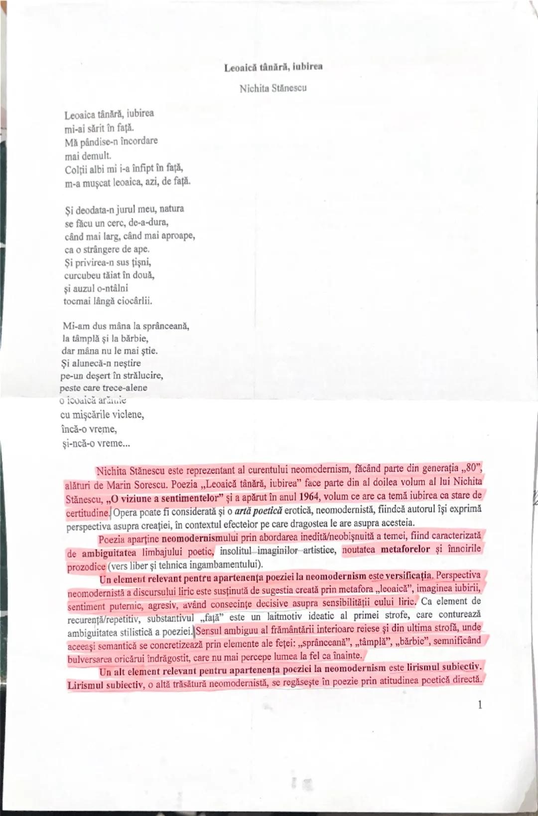 Leonică tânără, iubirea
Nichita Stănescu

Leoaica tânără, iubirea
mi-ai sărit în faţă.

Mă pândise-n încordare
mai demult.

Colții albi mi i