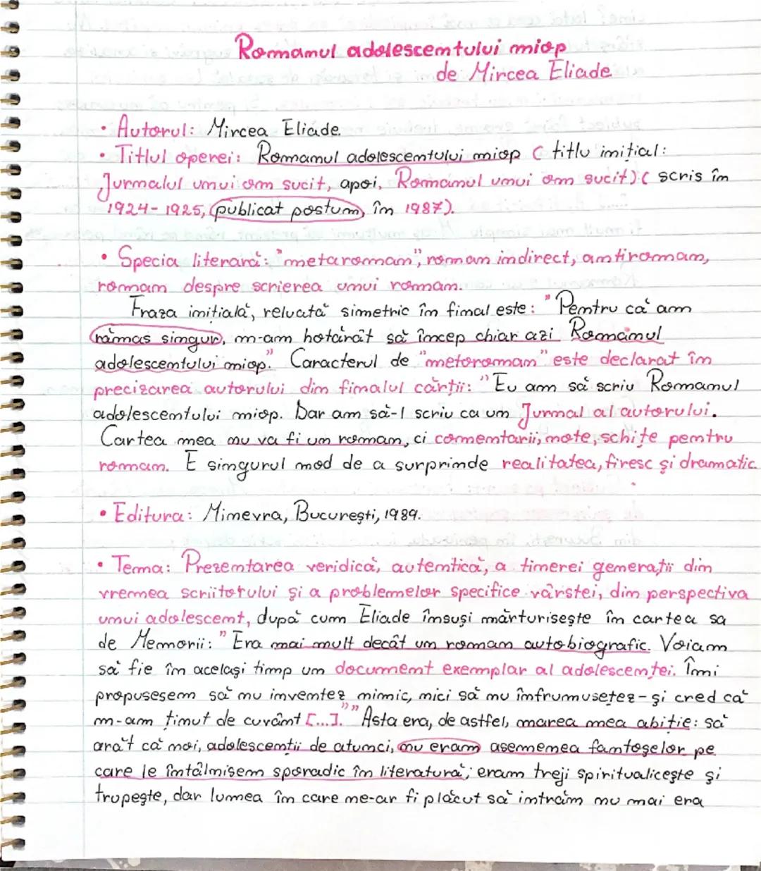 --- OCR Start ---
Romamul adolescemtului miop
Autorul: Mircea Eliade.
de Mircea Eliade
• Titlul operei: Romamul adolescentului miop ( titlu 