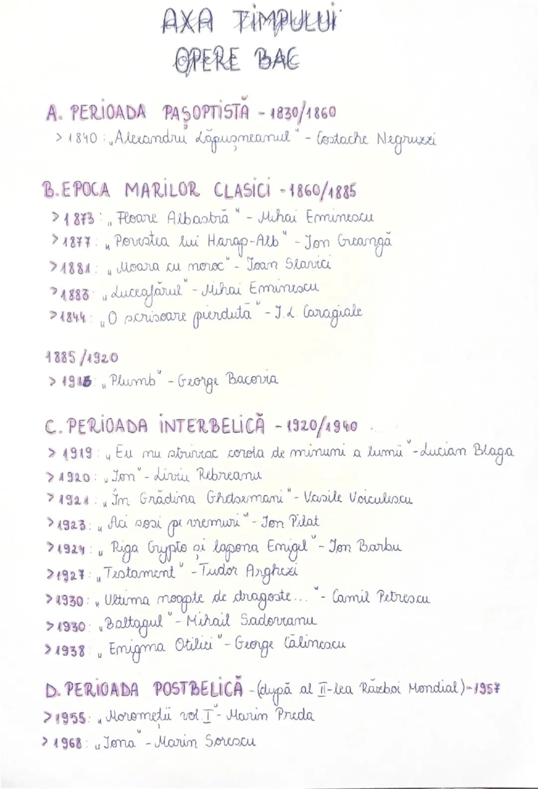 --- OCR Start ---
AXA TIMPULUI
OPERE BAC
A. PERIOADA PASOPTISTA - 1830/1860
> 1840: „Alexandru Lapusneanul" - Costache Negruzzi
B.EPOCA MARI