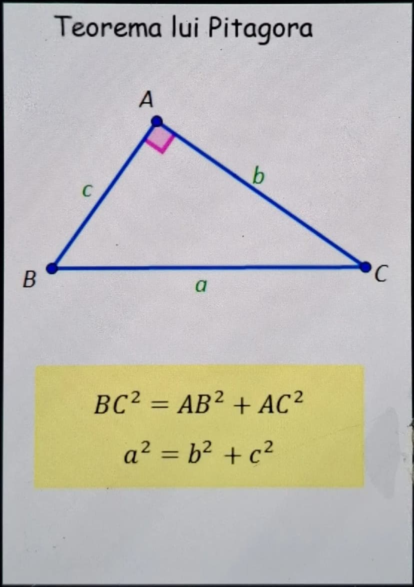 # Teorema lui Pitagora

$BC^2 = AB^2 + AC^2$

$a^2 = b^2 + c^2$ # Teorema lui Thales

$MN \parallel BC \implies \frac{AM}{MB} = \frac{AN}{NC