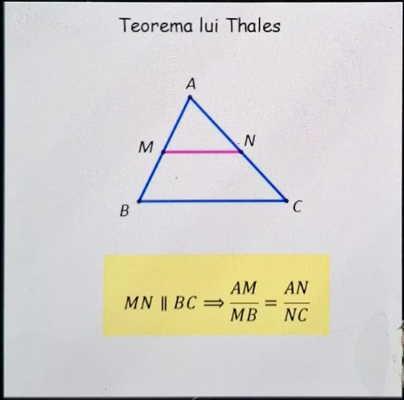 # Teorema lui Pitagora

$BC^2 = AB^2 + AC^2$

$a^2 = b^2 + c^2$ # Teorema lui Thales

$MN \parallel BC \implies \frac{AM}{MB} = \frac{AN}{NC