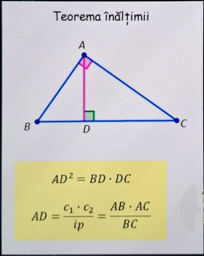 # Teorema lui Pitagora

$BC^2 = AB^2 + AC^2$

$a^2 = b^2 + c^2$ # Teorema lui Thales

$MN \parallel BC \implies \frac{AM}{MB} = \frac{AN}{NC