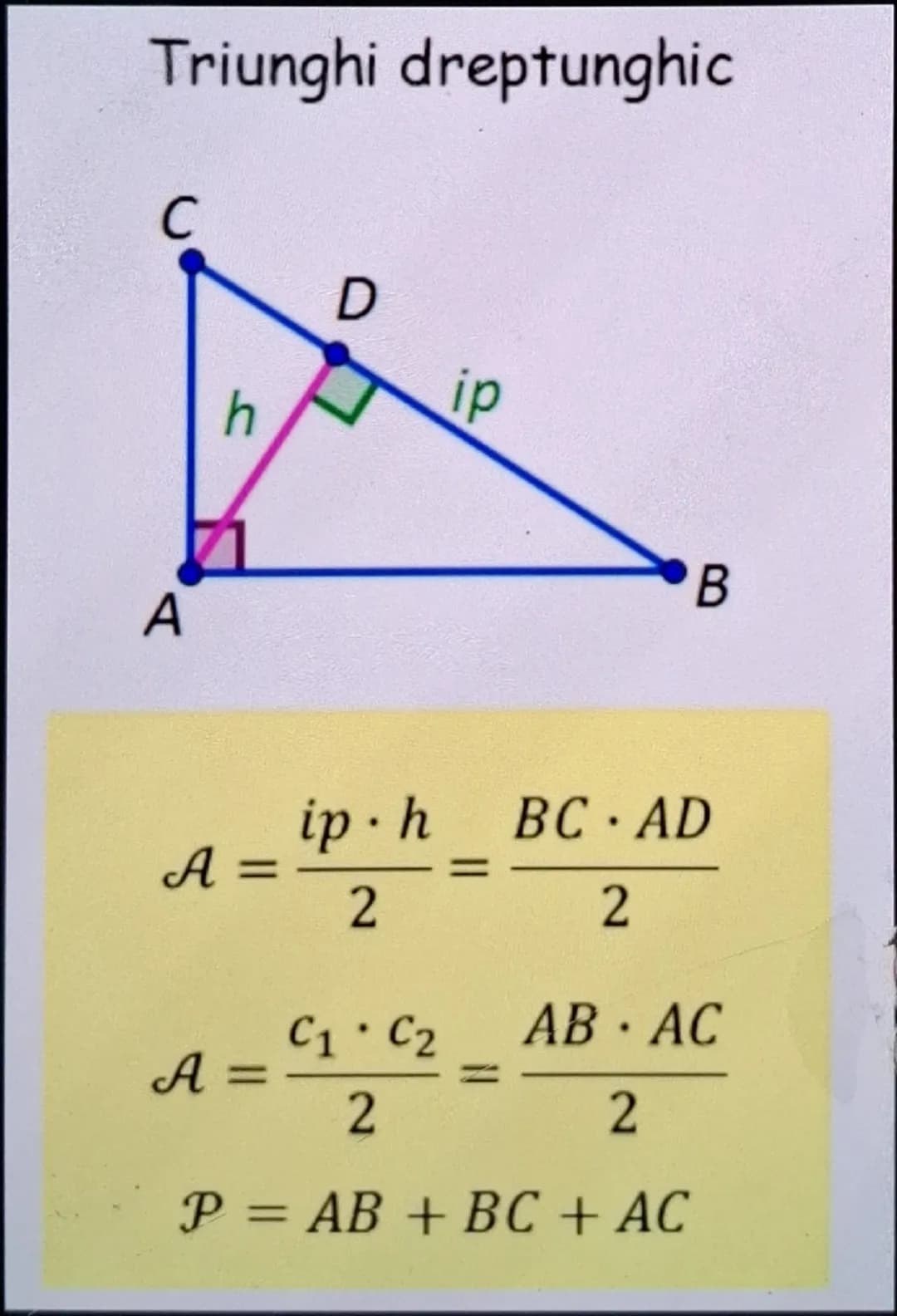 # Teorema lui Pitagora

$BC^2 = AB^2 + AC^2$

$a^2 = b^2 + c^2$ # Teorema lui Thales

$MN \parallel BC \implies \frac{AM}{MB} = \frac{AN}{NC