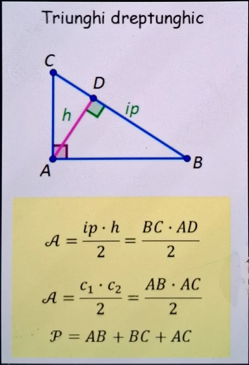 # Teorema lui Pitagora

$BC^2 = AB^2 + AC^2$

$a^2 = b^2 + c^2$ # Teorema lui Thales

$MN \parallel BC \implies \frac{AM}{MB} = \frac{AN}{NC